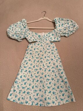Zara White Dress with Teal Floral Print and Puff Sleeves cutouts XS